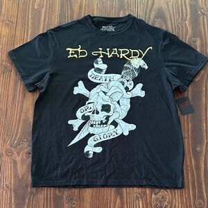 Ed Hardy Black Tee with Skull and Banner Design